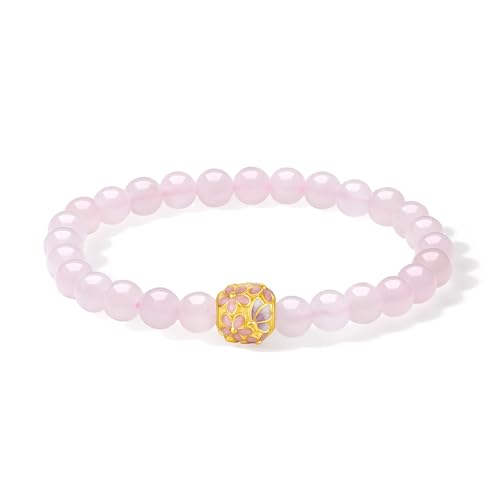 ZHOU LIU FU 24K Gold Armbänder Blume Charm Armbänder Gold Armkette Rose Quartz Beads Armreif Schmuck Geschenk für Damen Mutter Tochter 17cm A1914848 von ZHOU LIU FU