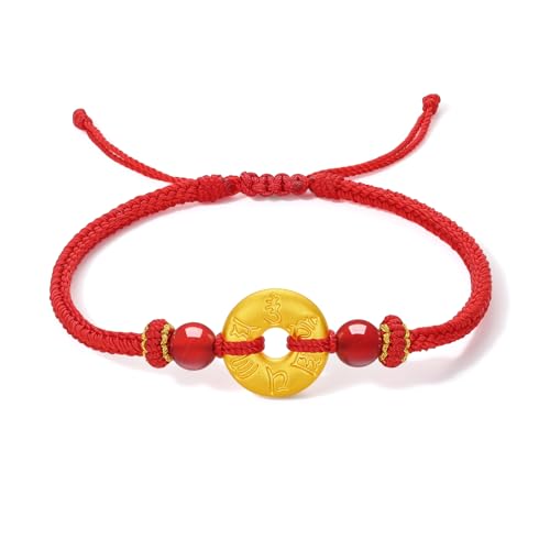 ZHOU LIU FU 24K Gold Armbänder Peace Buncle Rundes Charm Armband aus Rotem Achat Geflochten Verstellbar Glücksbringer Schmuck für Damen Mutter und Tochter 16+6cm A1714666 von ZHOU LIU FU