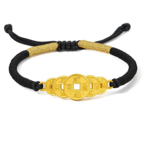 ZHOU LIU FU 24K Gold Armbänder für Damen Armband Gold 999 Schmuck Glück Münzen Rot Schwarz geflochtene Armbänder für Männer Damen Geburtstagsgeschenk Jahrestag A1711378 von ZHOU LIU FU