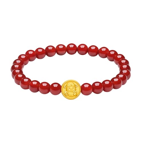 ZHOU LIU FU 24K Gold Armband Rote Achat Perlenarmbänder Reines Gold Schlangen Tierkreiszeichen Anhänger Zierlicher Schmuck für Damen Mütter Liebende EheDamen Jubiläum Geburtstag 17cm A1914411 von ZHOU LIU FU