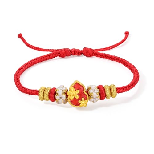 ZHOU LIU FU 24K Gold Kürbis Armbänder Gold Roter Emaille Blumen Anhänger Verstellbares Rotes Geflochtenes Armband Schmuck für Damen Tochter Geburtstag Jubiläum 16+6cm A1714576 von ZHOU LIU FU