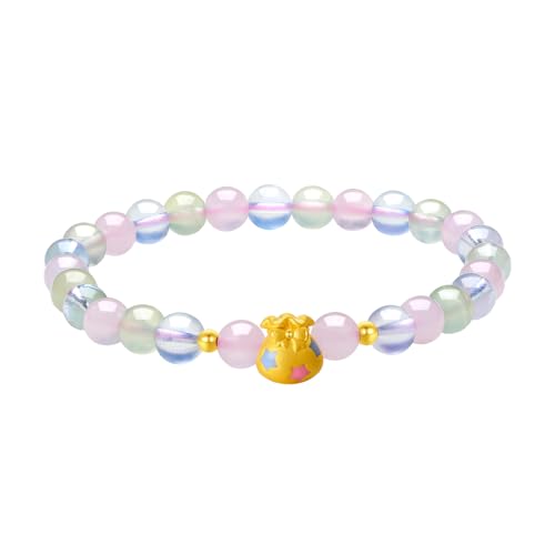 ZHOU LIU FU 24K Gold Rosen Quarz Perlen Armbänder Niedlicher Emaille Stern Glücksbringer Dreifach Edelstein Armband für Damen Tochter Geburtstag Jahrestag 17cm A1913243 von ZHOU LIU FU