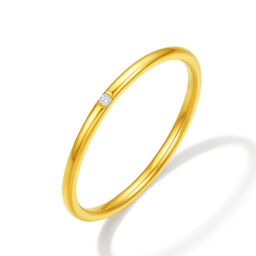ZHOU LIU FU 24K Gold Statement Ringe mit Diamanten Minimalistischer Zierlicher Bandring Stapelbar Schmuck für Damen Tochter Geburtstag Jubiläum Größe 14 V0214819 von ZHOU LIU FU