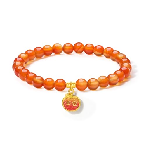 ZHOU LIU FU 24K Massivgold Armbänder Apfel Friedenszeichen Anhänger Armband Orangefarbener Achat Goldperlen Stretch für Damen Mutter Tochter Geburtstag Jahrestag 17CM A1914748 von ZHOU LIU FU
