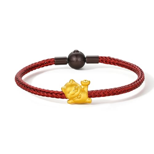 ZHOU LIU FU 24k Festköpfe Gold Maneki Neko Lucky Katze Charmalm Armband Süße Glückskatze mit Münze und Gott Gold Mini Charme Schmuck rote Armband für Frauen Männer von ZHOU LIU FU