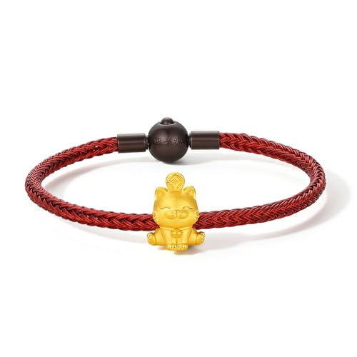 ZHOU LIU FU 24k Festköpfe Gold Maneki Neko Lucky Katze Charmalm Armband Süße Glückskatze mit Münze und Gott Gold Mini Charme Schmuck rote Armband für Frauen Männer von ZHOU LIU FU