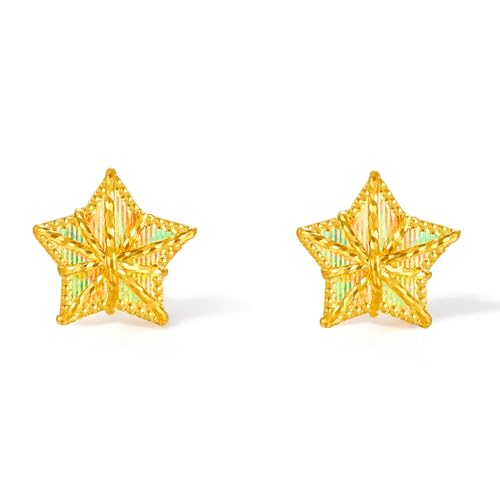 ZHOU LIU FU 24k Gold Small Star Ohrringe für Frauen hypoallergene massive Goldoelen Ohrringe Leichte Mode mit Schmuckschachtel für Mutter Mädchen Geschenke von ZHOU LIU FU