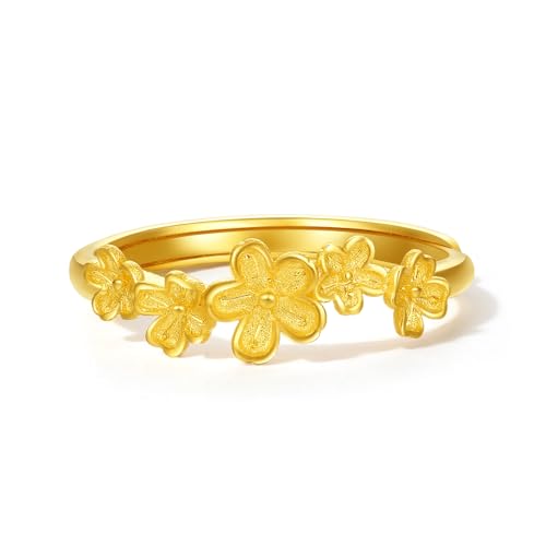 ZHOU LIU FU 24k fester Goldblumenring für Frauen, verstellbare Blumenstil Ringschmuck Geschenke Mädchen Teenager Ringe Hochzeitstag Engagement von ZHOU LIU FU