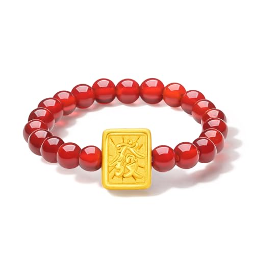 ZHOU LIU FU 24K Gold Rot-Achat-Perlen Ring Gold Chinese Mah-Jong Design Stretch Achat Perlen Ring mit Schmuckschachtel für Frauen Männer A0112694 von ZHOU LIU FU