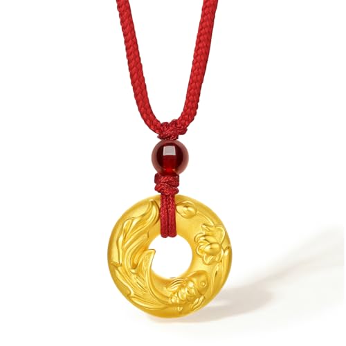 ZHOU LIU FU 24k reine goldene goldene anheitige kreis frieden koi fish lotus blühen gold hungershalskette mit garnet perlen roter seile kette für Frauen Männer von ZHOU LIU FU