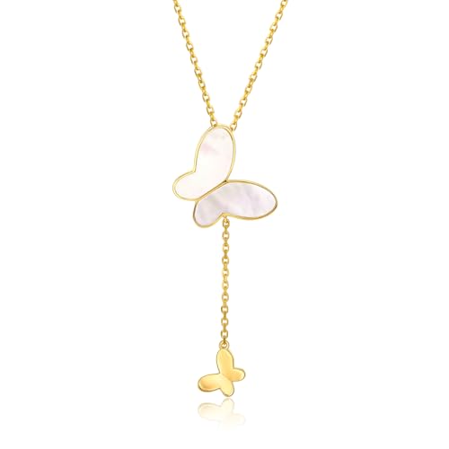 ZHOU LIU FU 750 18 Karat Gelbgold Kette Perlmutt Schmetterlings Anhänger Verstellbare Halskette Zierlicher Schmuck für Damen Mutter Liebhaber Geburtstag Jubiläum 40+5cm KHBK065081 von ZHOU LIU FU