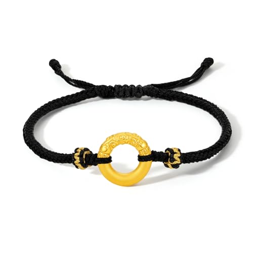 ZHOU LIU FU 990 Gold Armbänder Kreis Peace Schnalle Bettel Armband Kette Schwarzes Geflochtenes Seil Segen Gold Schmuck Für Damen Männer Geburtstagsgeschenk 18+6cm A1712733 von ZHOU LIU FU