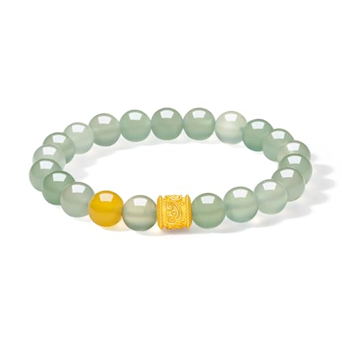 ZHOU LIU FU 990 Gold Armband Glücksbringer Zylinder Anhänger Grünes Chalcedon Perlenarmband Wasserfest Schmuck für Damen Mutter Jubiläum Geburtstag Geschenke 17cm A1914161 von ZHOU LIU FU