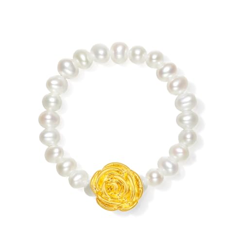 ZHOU LIU FU 990 Gold Blumenring Perlen Ringe 2,5–3,5 mm Süßwasserperlen Weiße Perlen Stretch Stapelbar Goldschmuck für Damen Mama Hochzeit Geburtstagsgeschenk Größe 12–14 X0115190 von ZHOU LIU FU