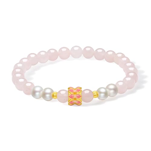 ZHOU LIU FU 990 Gold Lotus Sockel Charm Armband Rosenquarz Perle Stretch Armbänder Heilung Perlen Schmuck für Damen Mama Geburtstag Jahrestag 17cm J1914509 von ZHOU LIU FU