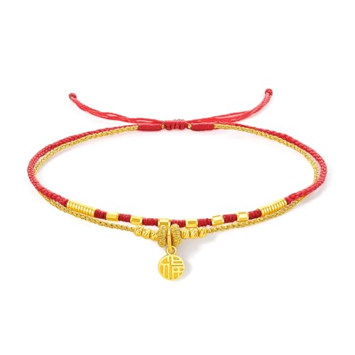 ZHOU LIU FU 999 24K Gold Glücks Armband Echtgold Fu Plattenanhänger Doppellagig Verstellbar Rote Flechtarmbänder für Damen Töchter Geburtstag Jahrestag 16+6CM A1714635 von ZHOU LIU FU