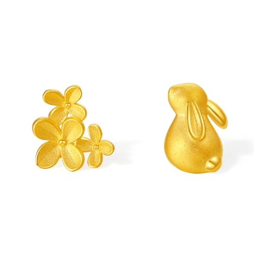 ZHOU LIU FU 999 Gold Ohrringe Blumenmotiv Niedlichen Hasen Ohrsteckern 24k Gold Hypoallergen Schmuck für Damen Mutter Tochter Geburtstag Jubiläum A0913964 von ZHOU LIU FU