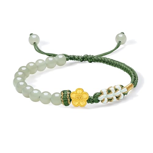 ZHOU LIU FU Armband Aus 24K Gold Blumenarmband Blumenanhänger Grünem Jade Natürlichen Edelsteinperlen Geflochtenes Armbänder Zierlicher Schmuck für Damen Töchter Geburtstage 16-21CM Y1714377 von ZHOU LIU FU