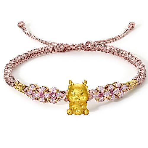 ZHOU LIU FU Armband aus 24K Massivgold, echter Schmuck aus reine Gold Glücksbringer chinesisches Sternzeichen Drache rosa geflochtenes Armband für Damen Herren Teenager Mädchen 6 von ZHOU LIU FU