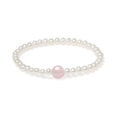 ZHOU LIU FU Armband mit Ovalen Süßwasserperlen 8 mm Rosenquarz Anhänger 4 mm Bead Elastisches Elegantes Armband für Damen Mutter Tochter Geburtstag Jahrestag 17CM X1914174 von ZHOU LIU FU