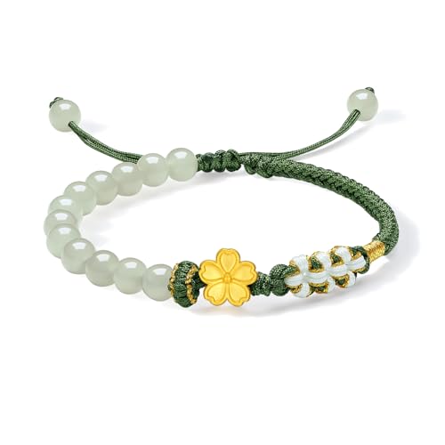 ZHOU LIU FU Blumen Armbänder Aus 990 24K Gold Heilende Jadeperlen Kirschblüten Anhänger Verstellbares Geflochtenes Armband Trendiger Schmuck für Damen Tochter Geburtstag Jahrestag 16+6CM Y1714376 von ZHOU LIU FU