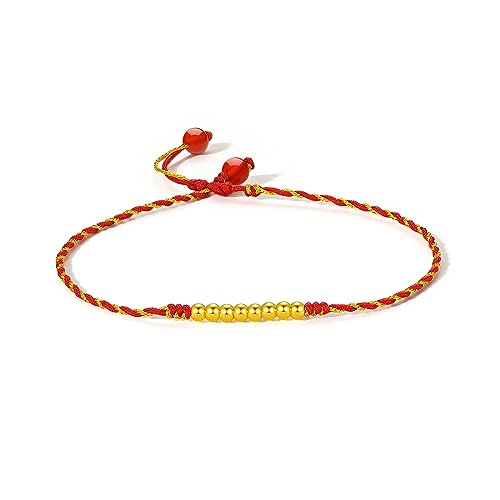 ZHOU LIU FU Damen Charm-Fußkette 24K 999 Gold Fußkettchen verstellbare 21-25cm Fußspange wasserfest echtgold Fußband Gold Beads Rot mit Geschenkox für Damen & Mädchen (Goldperlen) von ZHOU LIU FU