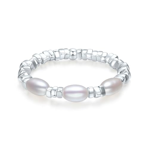 Silber Ring für Damen 925 Perlen Ringe Verstellbar Perlenring Elastischer Damenring Anti-Stress Fingerring Naturstein Silberring Stapelbare Perlenringe Elastisch Spinner Sterlingsilber Schmuck von ZHOU LIU FU