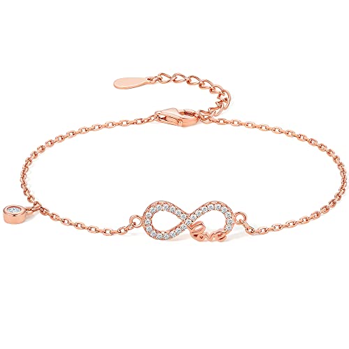 ZHOU LIU FU Infinity Unendlichkeit Symbol Damen Armband, 925 Sterling Silber Zirkonia Armkette Verstellbar 16+3 cm Charm Armbänder Geschenk für Sie Frauen Freundin mama (Roségold) von ZHOU LIU FU