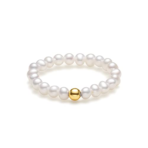Ringe Frauen Ring Damen Perlen Ringe Gold 750 Gelbgold Schmuck Weiß Elastischer Damen-Ring Ovale Süßwasser-Zuchtperlen in ca. 3-3.5 mm Eleganter Ring Geschenke für Damen von ZHOU LIU FU