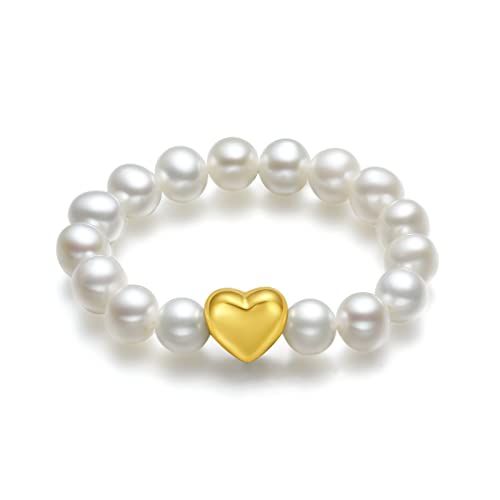 ZHOU LIU FU Damen Ringe Perlen Ringe Weiß Damen-Ring 750 18K Echt Gold elastisch Perlenring Hochwertige Süßwasser-Zuchtperlen in ca. 3,5-4,3 mm Ovale Perlen Ringe für Damen von ZHOU LIU FU
