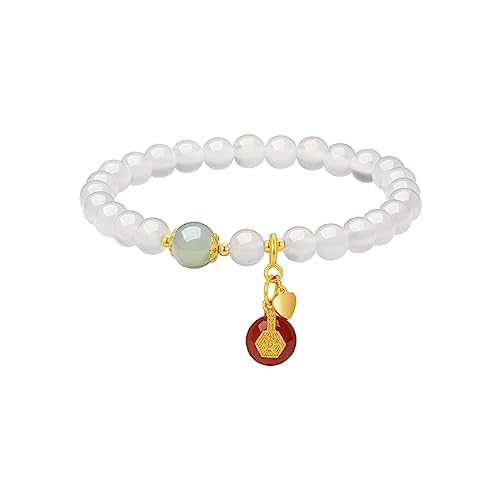 Naturstein Armband | Onyx Hetian Jade Stretch Armband |PerlenArmband | mit edler Schmuckschachtel Amulett Glück Reichtum Ward Off Böse Geister Armband Geschenke Für Frauen Männer (Runde Anhänger) von ZHOU LIU FU