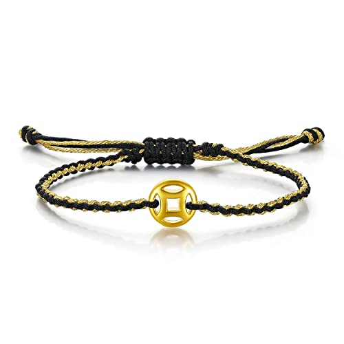 ZHOU LIU FU Schnur Armband aus massivem Gold, Charm Armbänder schwarze Glücksmünzen, Goldschmuck coole Armbänder Unisex für Damen Herren Erwachsene Mädchen Freundschaftspaar Armband aus reinem Gold von ZHOU LIU FU