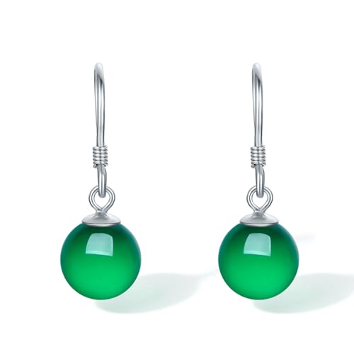 ZHOU LIU FU 925 Silber Ohrringe für Damen Chalcedon hängend Ohrstecker Edelstein Ohrhänger Hypoallergen Schmuck Lange Ohrring Hängende Kleine Anhänger Grüne Hängeohrringe Runde Damenohrringe Geschenk von ZHOU LIU FU