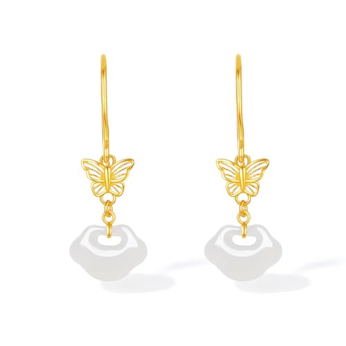 ZHOU LIU FU Weiße Jade Ohrringe 24K Gold Hohlschmetterling Ruyi Jade Tropfenohrring Heilstein Natürlicher Schmuck für Damen Mutter Tochter Jubiläum Geburtstag Geschenk Y0914874 von ZHOU LIU FU
