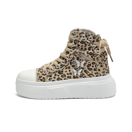 ZHOUPULP Damen High Top Turnschuhe Mode Plattform Canvas Schuhe mit Metall Anhänger Schnürung Wanderschuhe 1309 Leopardenmuster EU 39 von ZHOUPULP