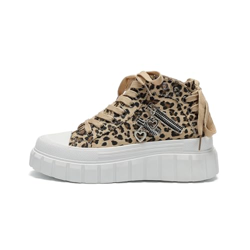 ZHOUPULP Damen High Top Turnschuhe Mode Plattform Canvas Schuhe mit Metall Anhänger Schnürung Wanderschuhe G07 Leopardenmuster EU 37 von ZHOUPULP