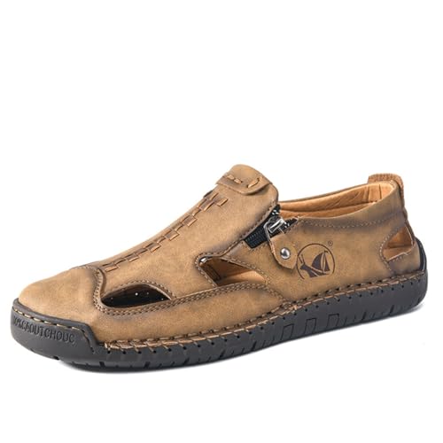 ZHOUPULP Herren Leder Sandalen Lochdesign Rutschfeste Freizeitschuhe für Strand Stadt Leichte Trekkingsandalen mit Zehenschutz Braun EU 40 von ZHOUPULP