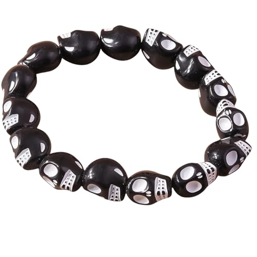 ZHOUSUFEN Elastisches Totenkopf-Armband für Damen und Herren im Punk-Stil, Kunstharzperlen, Modeschmuck für Halloween, Partys von ZHOUSUFEN