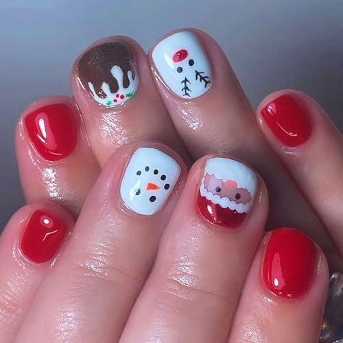 ZHOUSUFEN Künstliche Nägel zum Aufdrücken, Schneemann, Weihnachtsmann, Acryl, schöne Elche, volle Abdeckung, zum Aufkleben auf Nägel für Damen von ZHOUSUFEN