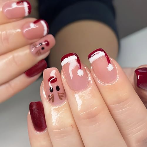 ZHOUSUFEN Quadratische künstliche Nägel zum Aufdrücken, französische Weihnachtsmannmütze, Kunstdekoration, Weihnachten, Rentier, Manciure für Frauen und Mädchen, 24 Stück von ZHOUSUFEN