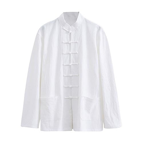 ZHOUXIAO Lose Kung Fu Jacke Männer Große Kampfkünste Uniformen Langes Hemd Mit Langem Ärmel, Chinesische Traditionelle Kleidung, Baumwollwäsche Tai Chi Zen Meditation Uniform White-8XL von ZHOUXIAO