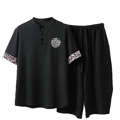 ZHOUXIAO Männer Kung Fu Uniformen Plus Größe Kampfkunst Sets Tang Anzüge Chinesische traditionelle Kleidung Taichi Kleidung Baumwolle Leinen Kurzarm Mantel Tops und Kurze Hos black-7XL von ZHOUXIAO