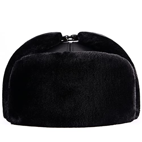 ZHOUXIAO Winter Lederhut Aviator Hut Ohrlappen, Unisex Winddichte wasserdichte Mütze Echte Lederhüte Bomber Trapper Hut,warme Jagd Hut Russian Kunstpelz Trooper Hut, Geschenk black-60-61CM von ZHOUXIAO