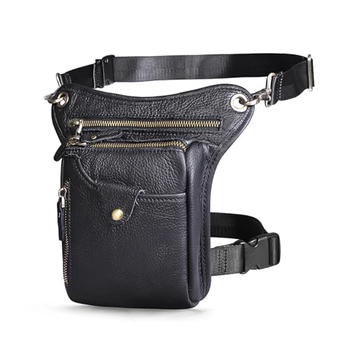 Beintasche Motorrad Dickes Leder Herren Design Casual Kaffee Klassische Schultertasche Reise Hüfttasche Beintasche(Black) von ZHOUXYFDC