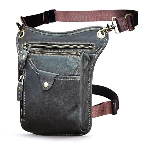 Beintasche Motorrad Dickes Leder Herren Design Casual Kaffee Klassische Schultertasche Reise Hüfttasche Beintasche(Grey) von ZHOUXYFDC