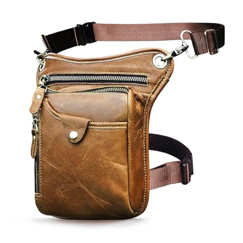 Beintasche Motorrad Dickes Leder Herren Design Casual Kaffee Klassische Schultertasche Reise Hüfttasche Beintasche(Light Brown) von ZHOUXYFDC