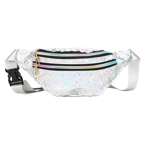 Gürteltasche 1PC Holographische Fanny Pack Hologramm Taille Tasche PU Strand Reise Banana Hüfte Bum Zip Frauen Geldbörse Gürtel Taschen Mädchen Brust Taschen(Silver) von ZHOUXYFDC
