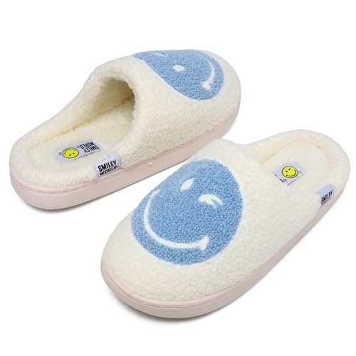 ZHPTO SmileyWorld Hausschuhe Damen Herren mit Memory Foam Anti Rutsch Winter Weicher Plüsch Bequem Warm Slippers für Innen Außen Blau Weiß von ZHPTO