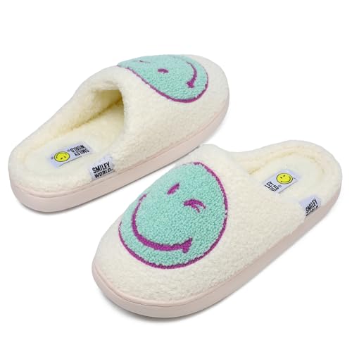 ZHPTO SmileyWorld Hausschuhe Damen Herren mit Memory Foam Anti Rutsch Winter Weicher Plüsch Bequem Warm Slippers für Innen Außen Grün Weiß von ZHPTO