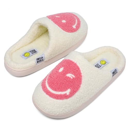 ZHPTO SmileyWorld Hausschuhe Damen Herren mit Memory Foam Anti Rutsch Winter Weicher Plüsch Bequem Warm Slippers für Innen Außen Rosa Weiß von ZHPTO